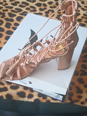 Women's Lace-Up Block Heel Sandals in Nude